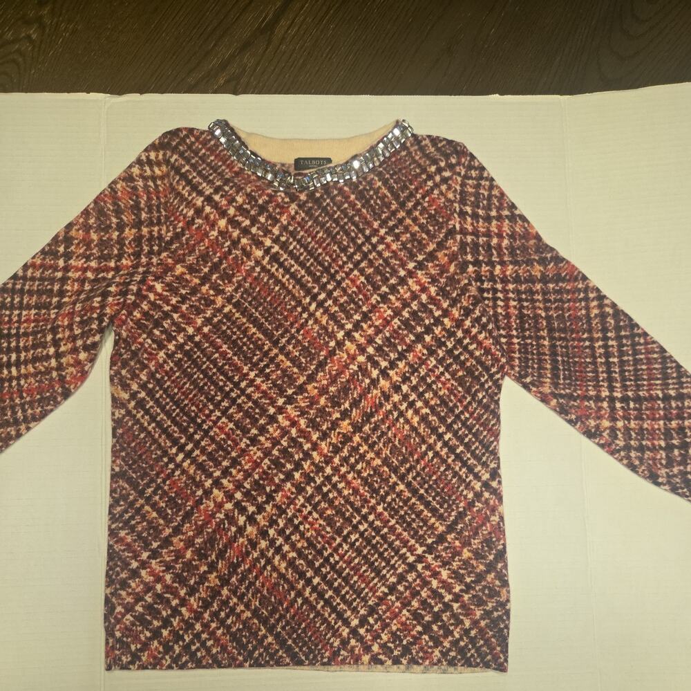 Talbots Plaid Cashmere Sweater Women's Size Medium Petite Pink Jewel Neck